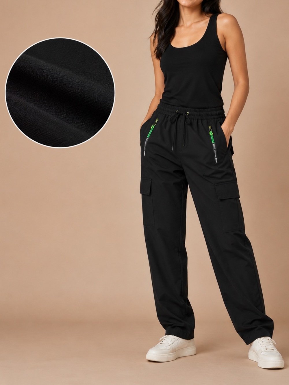 Women's Black Cargo Jogger Pants - Casual Utility Style W/ Zip Pockets